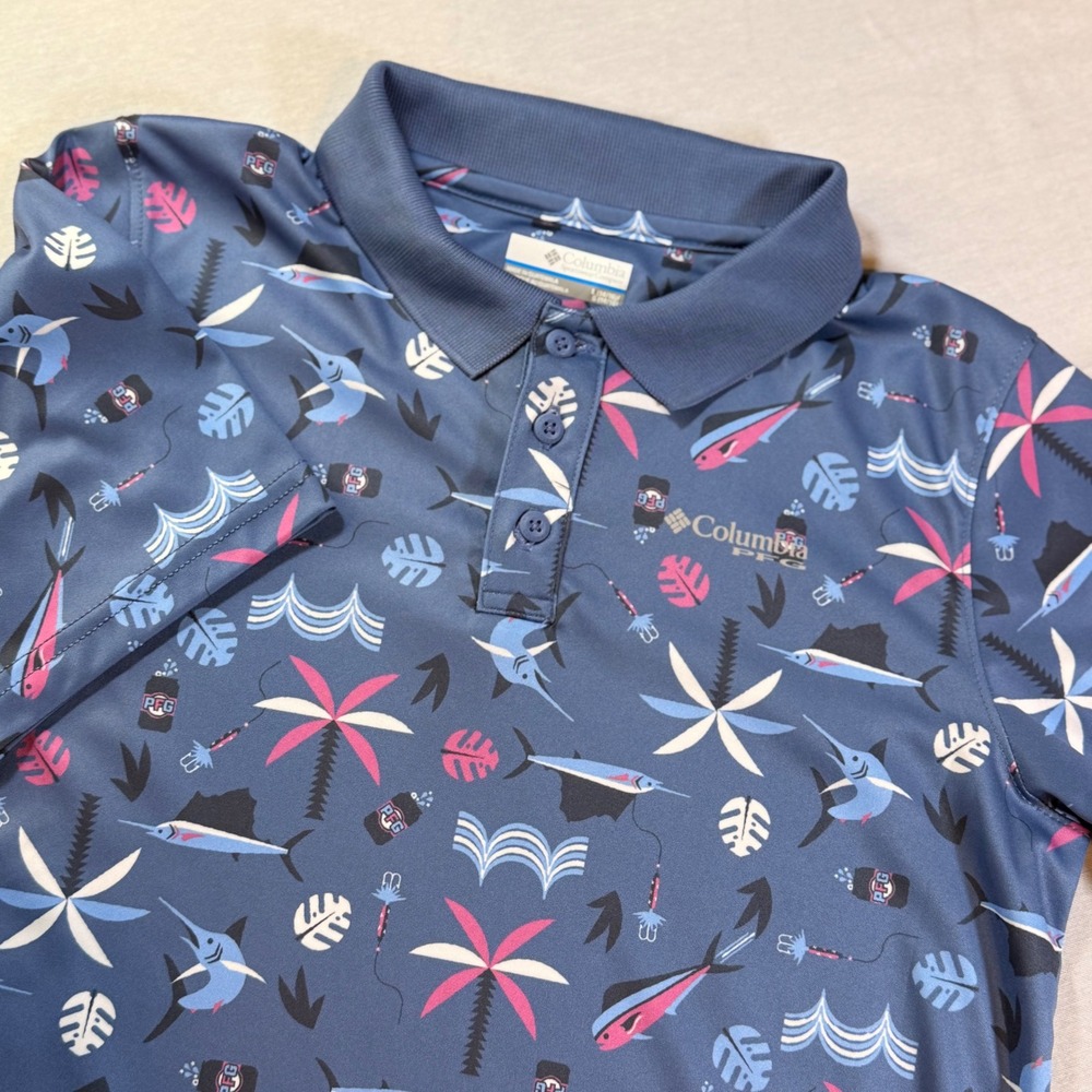 Columbia PFG Boys Polo Collared Shirt L 14/16 Blue Tropical Fishing Golf